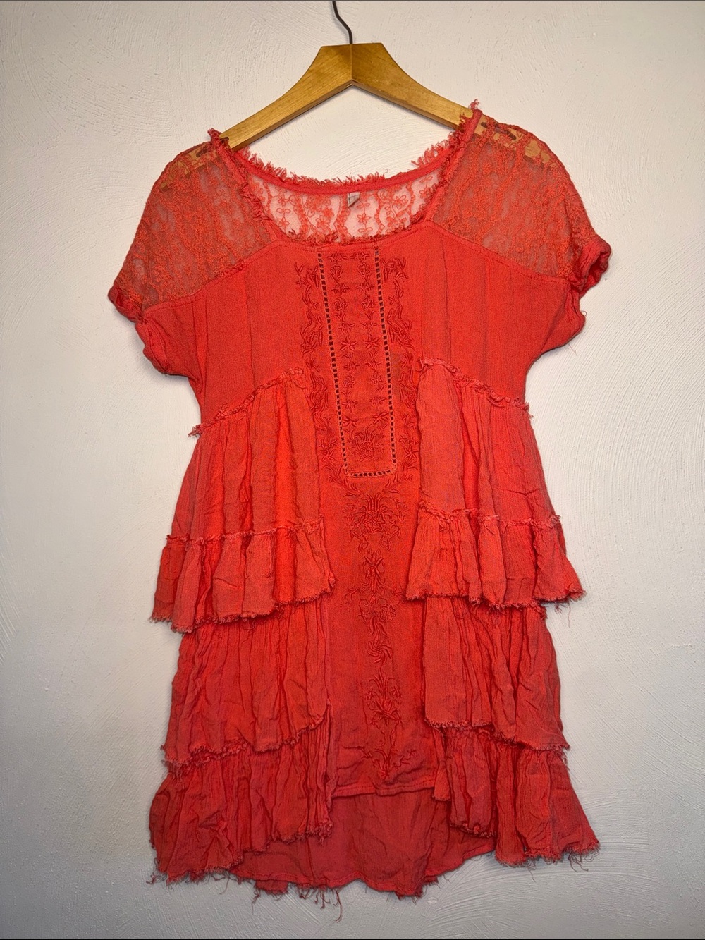 Free People Sunbeams Coral Lace-Trim Tiered Dress